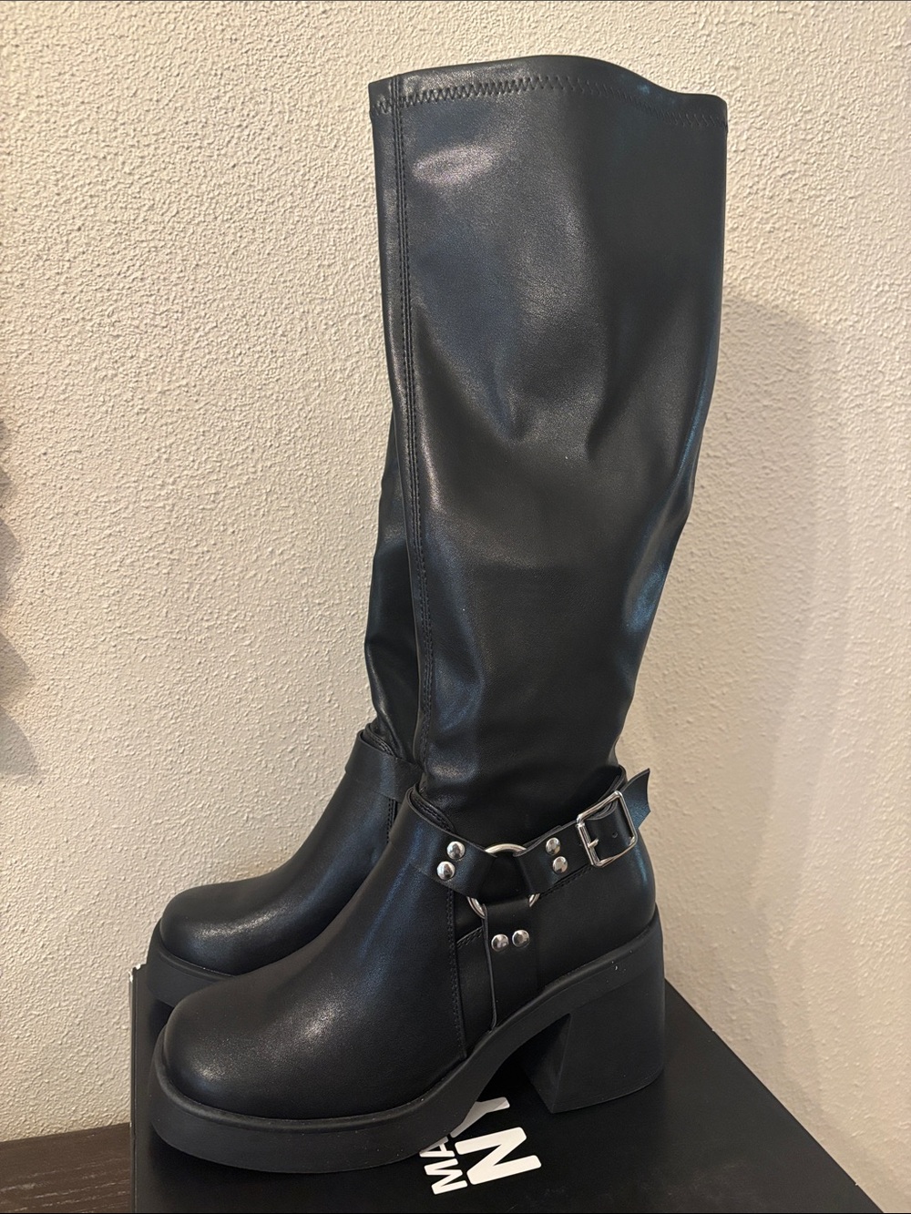 Madden NYC Women’s  Black Knee Platform Boots with Buckle Strap 7